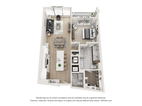 Floor plan for 1 bed, 1.5 baths, 1031 sqft